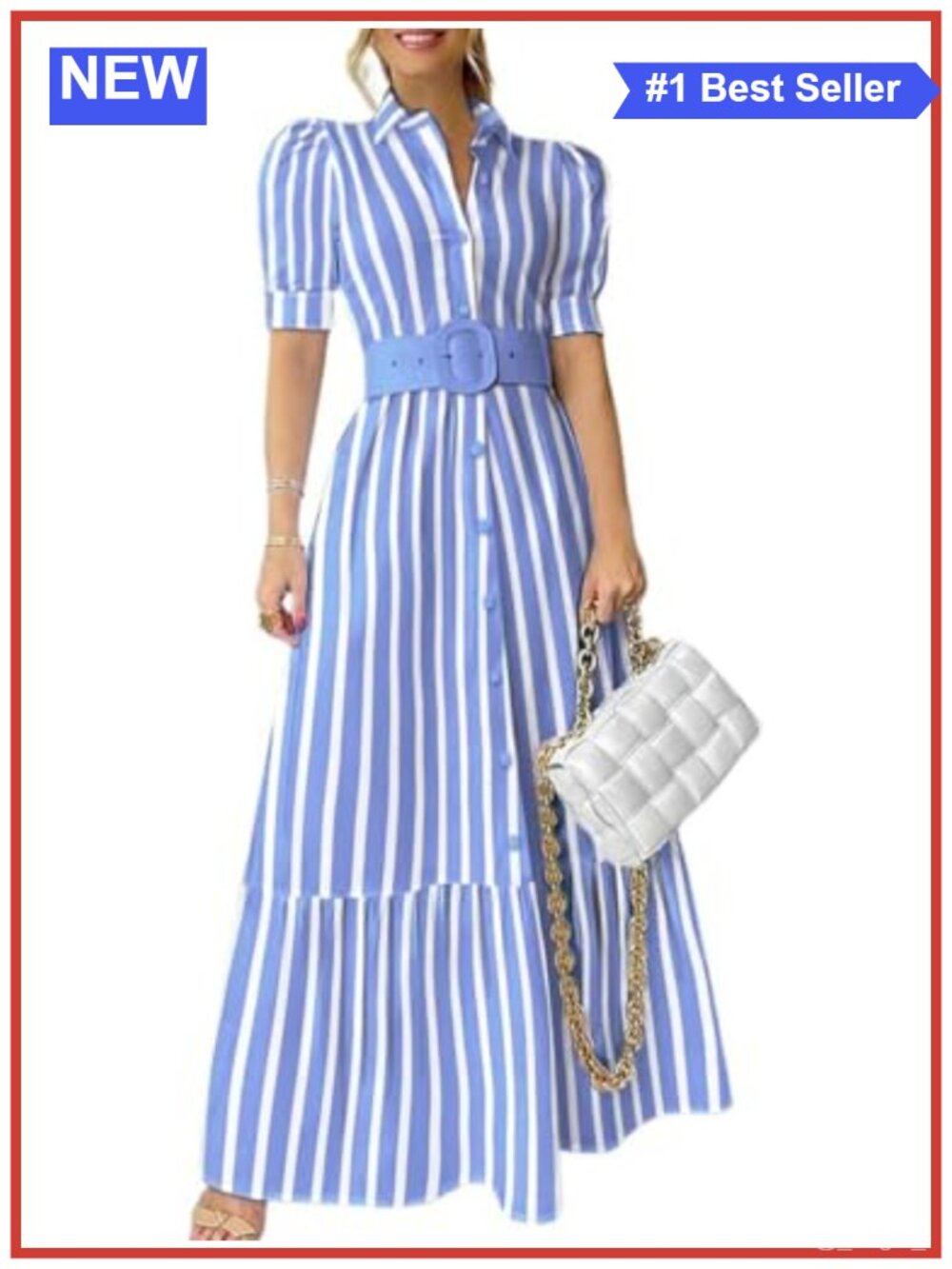 Striped Button Down Shirt Dress Puff Sleeve Ruffle Hem Maxi with Belt
